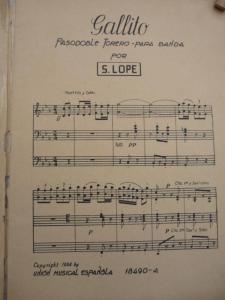 Partitura del genial pasodoble Gallito, del maestro Santiago Lope.
