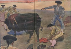 Ilustración de la grave cogida de Joselito el Gallo.