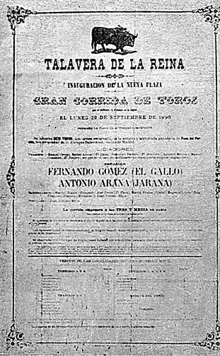 Cartel de la inauguración de la plaza de Talavera por Fernando el Gallo y Jarana en 1890.